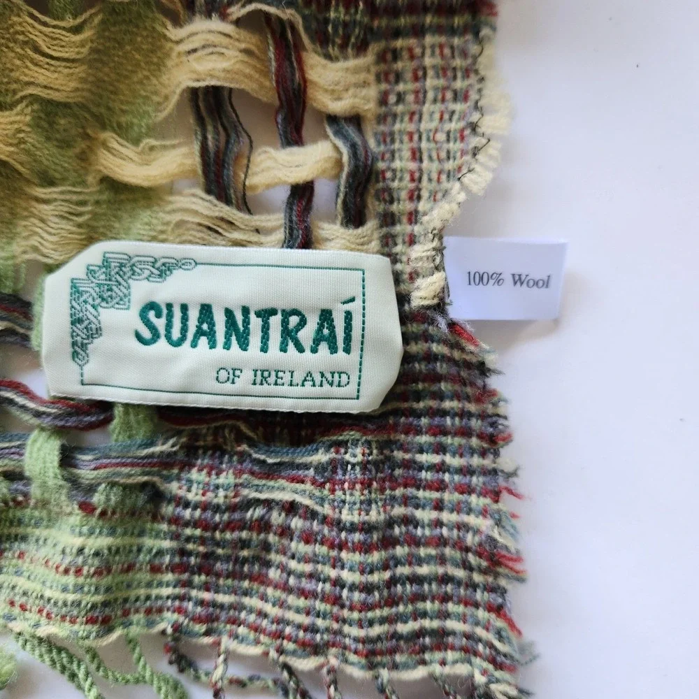 Suantrai of Ireland 100% Wool Scarf Green Yellow Brown Open Weave Fringe